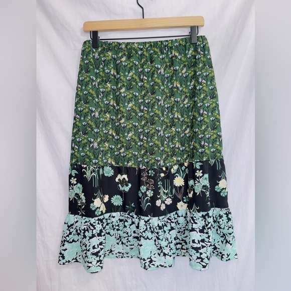 Loft Green Floral Print Elastic Waist High Rise Pull On Knee Length Midi Skirt - Picture 6 of 6